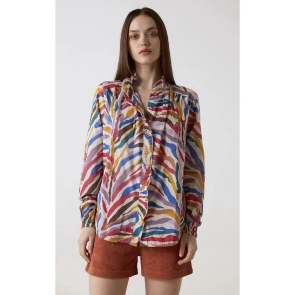 Leon & Harper Multicolor Stripe Blouse Off White Colorful Boho Peasant Top Sz L